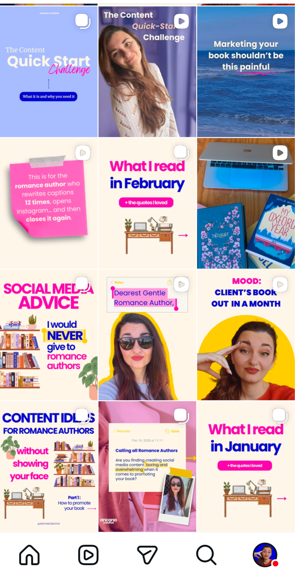 A collage of nine Instagram story slides and video thumbnails related to writing, book marketing, and social media advice, featuring images of a woman and various books and desks.