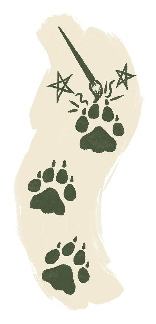 Dog paw prints with a paintbrush, stars, and motion lines, on a light background.