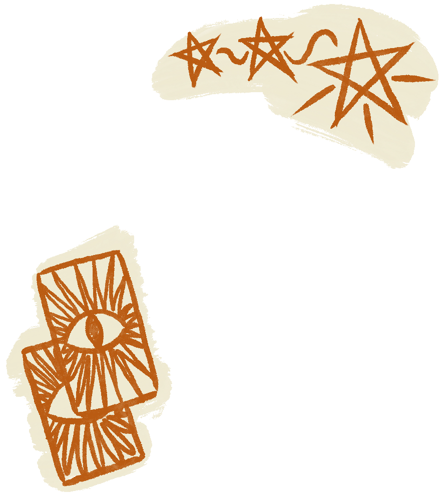 Illustration of tarot cards, one with an eye and sun rays, and another with stars and wavy lines, all in orange on cream backgrounds.