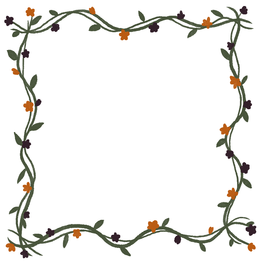 Empty black square with a decorative border made of twisting green vines, orange and purple small flowers, and green leaves.