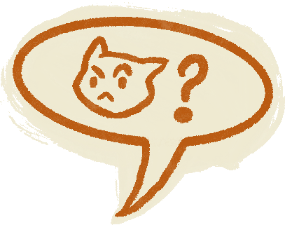 A drawing of a cat's face inside a speech bubble with a question mark.