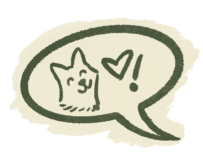 A green, hand-drawn speech bubble with a smiling cat face, a heart, and an exclamation mark inside.