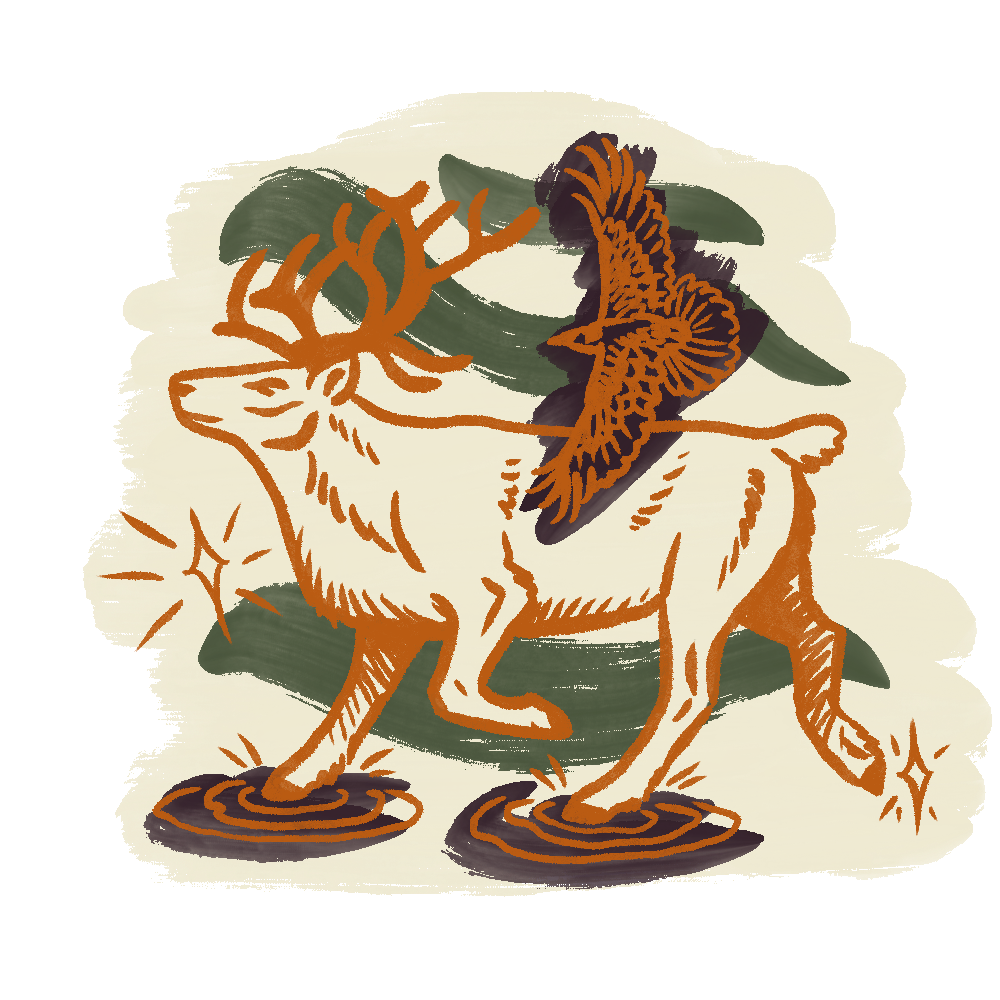 Illustration of a deer and a bird, with abstract green leaves in the background.