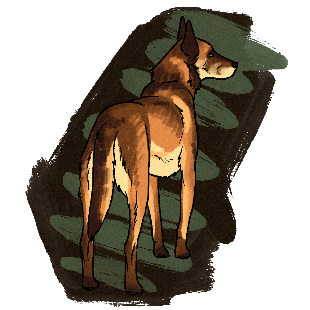 A digital illustration of a dog standing on a wooden floor, facing away from the viewer with its head turned slightly to the side, in a background of green and black brush strokes.