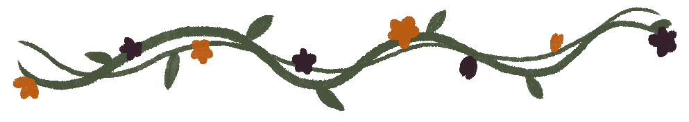 Decorative floral vine with orange and purple flowers on a black background.