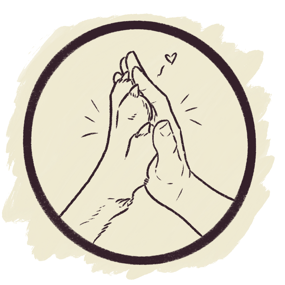 Illustration of two hands touching palms together in a high five, with a small heart and motion lines indicating excitement or happiness.