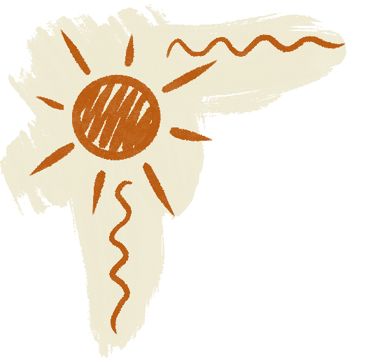 A hand-drawn illustration of a sun in the middle, featuring orange and brown colors.