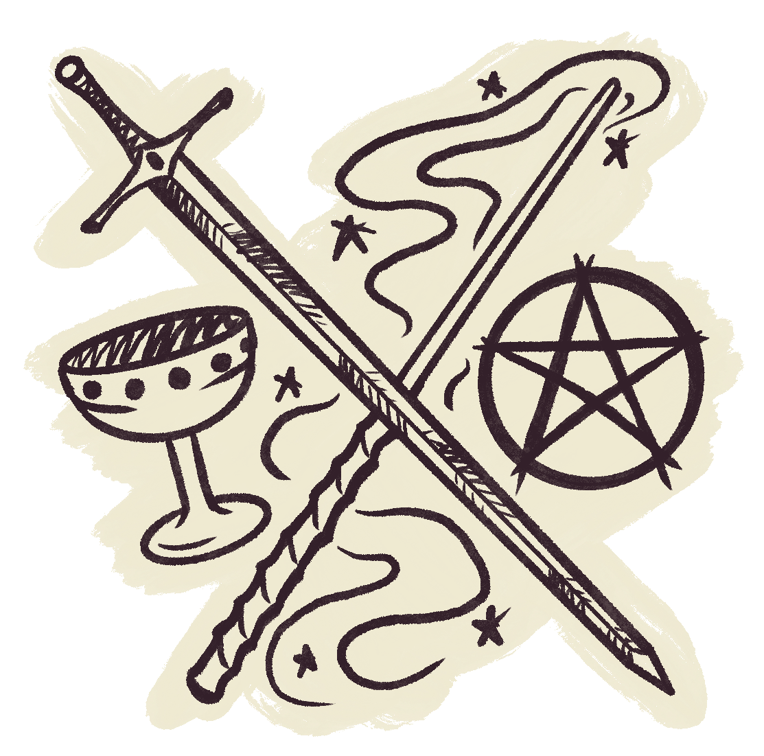 A hand-drawn illustration featuring a sword, a staff, a goblet, a wand with stars, a swirling line, and a pentagram, suggesting mystical or magical themes.
