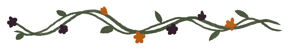 Decorative border with green vine, purple and orange flowers.