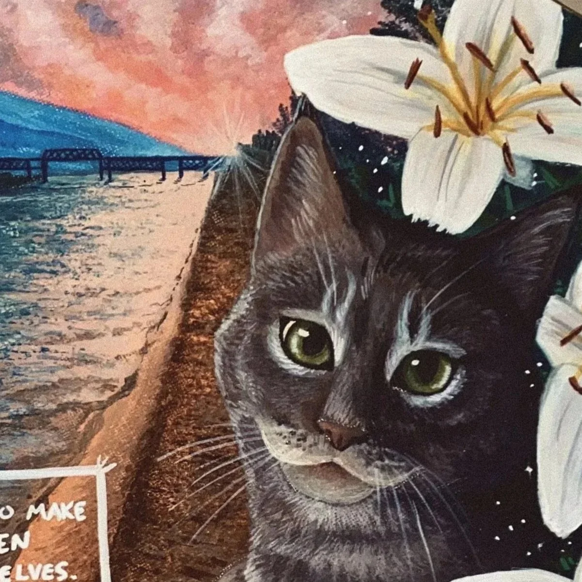 Painting of a young black and white cat with green eyes, surrounded by white lilies, with a sunset over water and a bridge in the background.