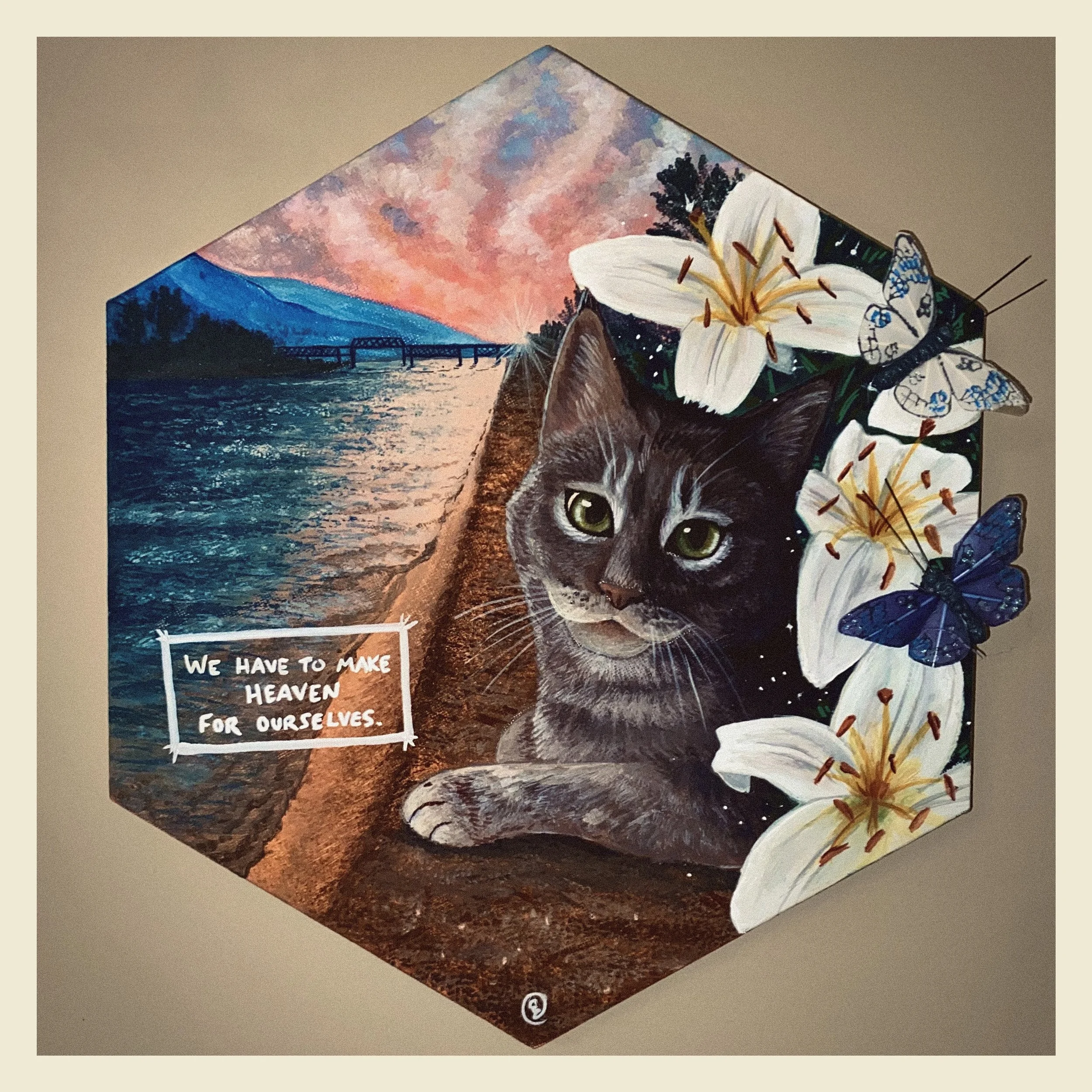 Art print depicting a cat, a mountain landscape, a bridge over water, and a large white flower with some blue butterflies, with a quote on the bottom left.