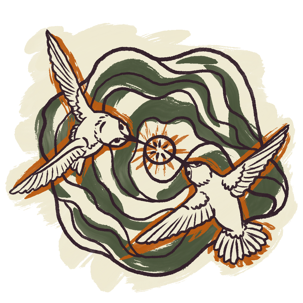 A tattoo design featuring two white birds flying around a dreamcatcher, with swirling green and black background elements.
