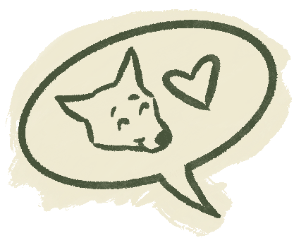 A cartoon drawing of a dog's face inside a speech bubble with a heart.