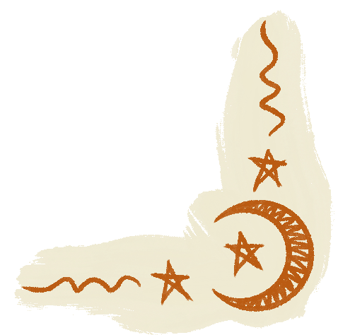 A hand-drawn illustration with stars, a crescent moon, and wavy lines in gold color.
