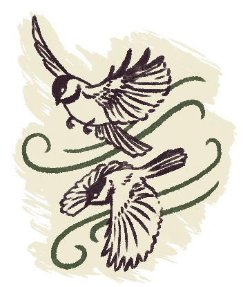 Two stylized birds flying among swirling green vines on a white background.