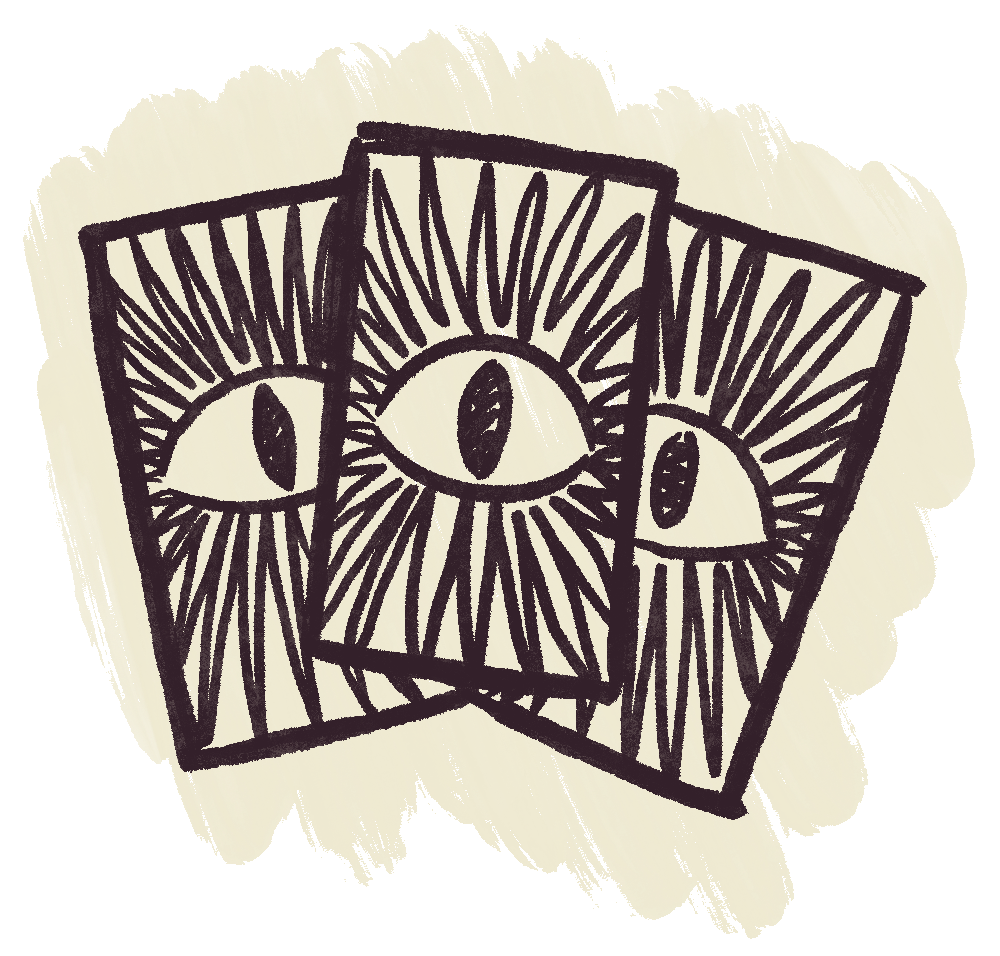 Drawings of three cards with eyes and radiating lines.