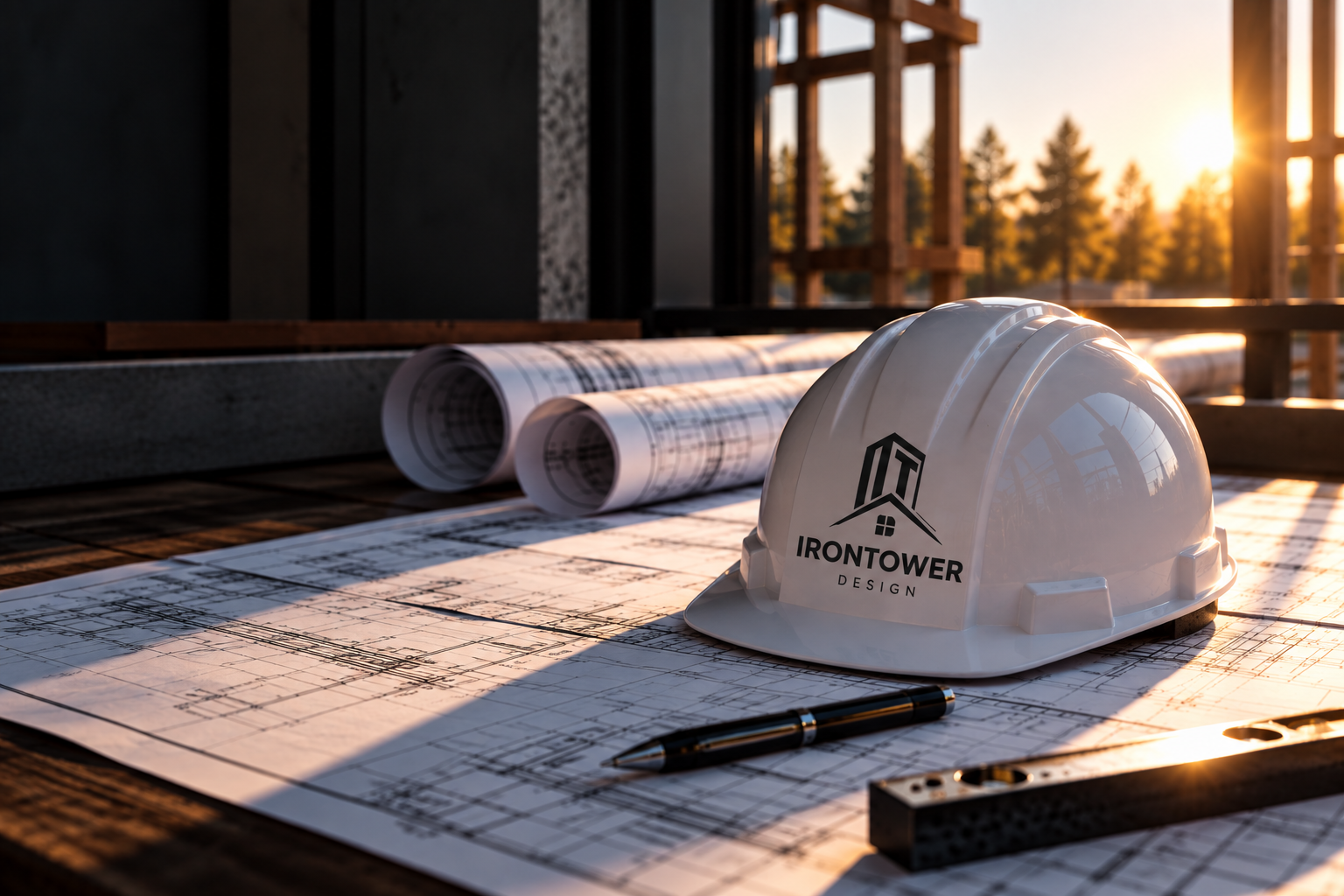 IronTower Design structural engineering hard hat on construction drawings and blueprints.