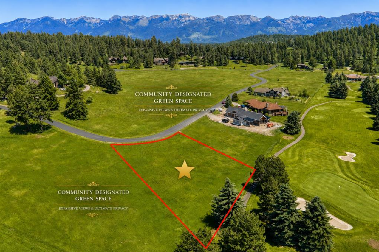 Aerial view of a green space in a community, showing a triangular plot of land outlined in red with a gold star in the center. The area is surrounded by houses, winding roads, trees, and a mountain range in the background. Text on the image indicates