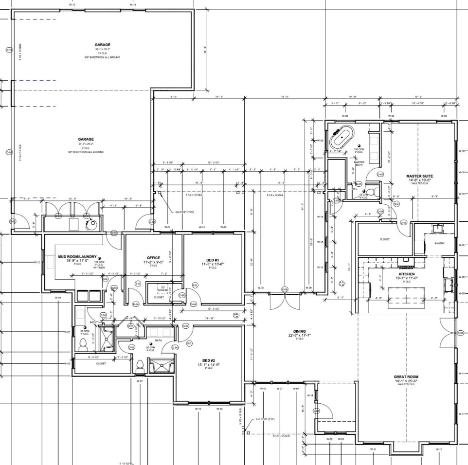 Floor plan of a house showing rooms including two garages, a mudroom/laundry, office, three bedrooms, a master suite, kitchen, dining area, great room, and bathrooms with detailed measurements.