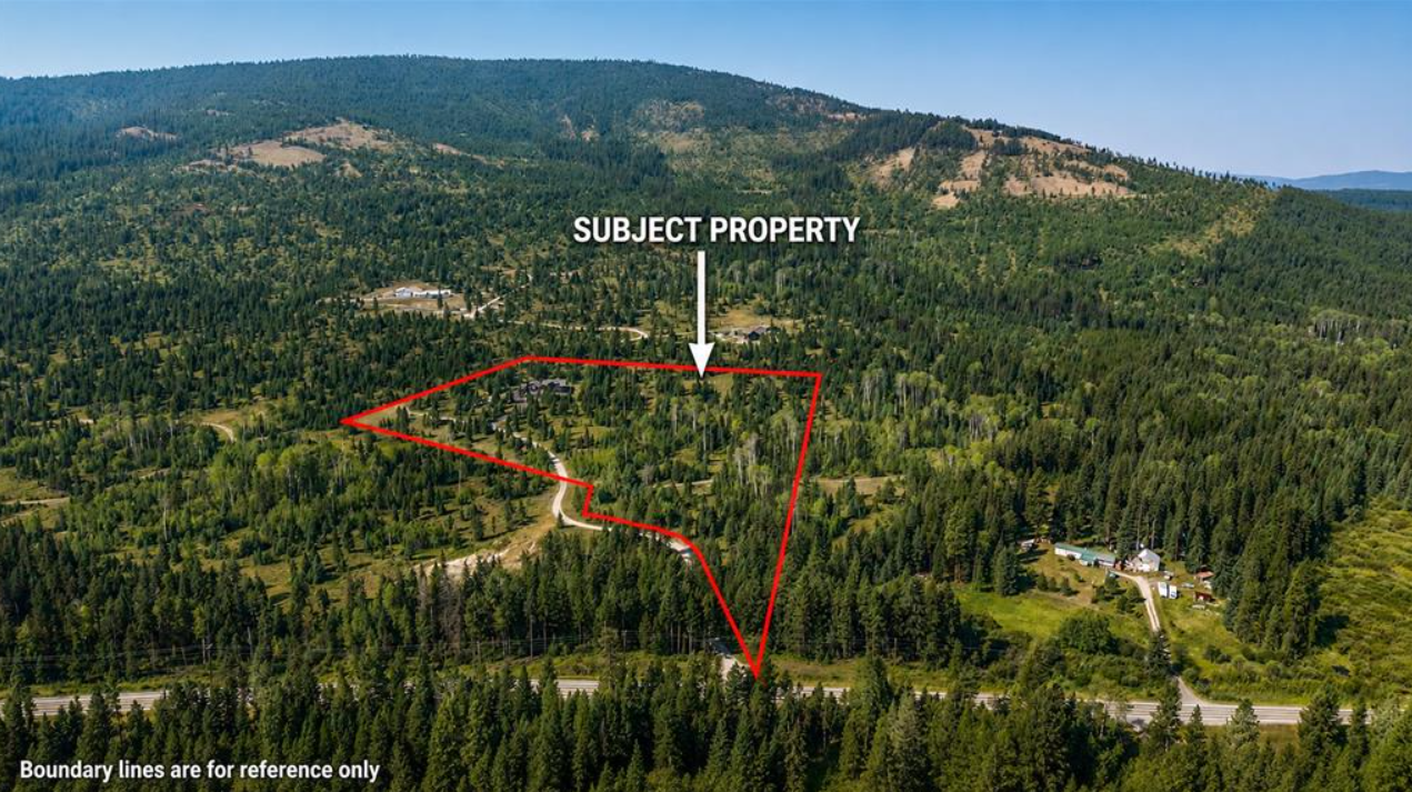 Aerial view of a forested hillside with a marked property boundary outlined in red and an arrow pointing to a specific area labeled 'SUBJECT PROPERTY.'