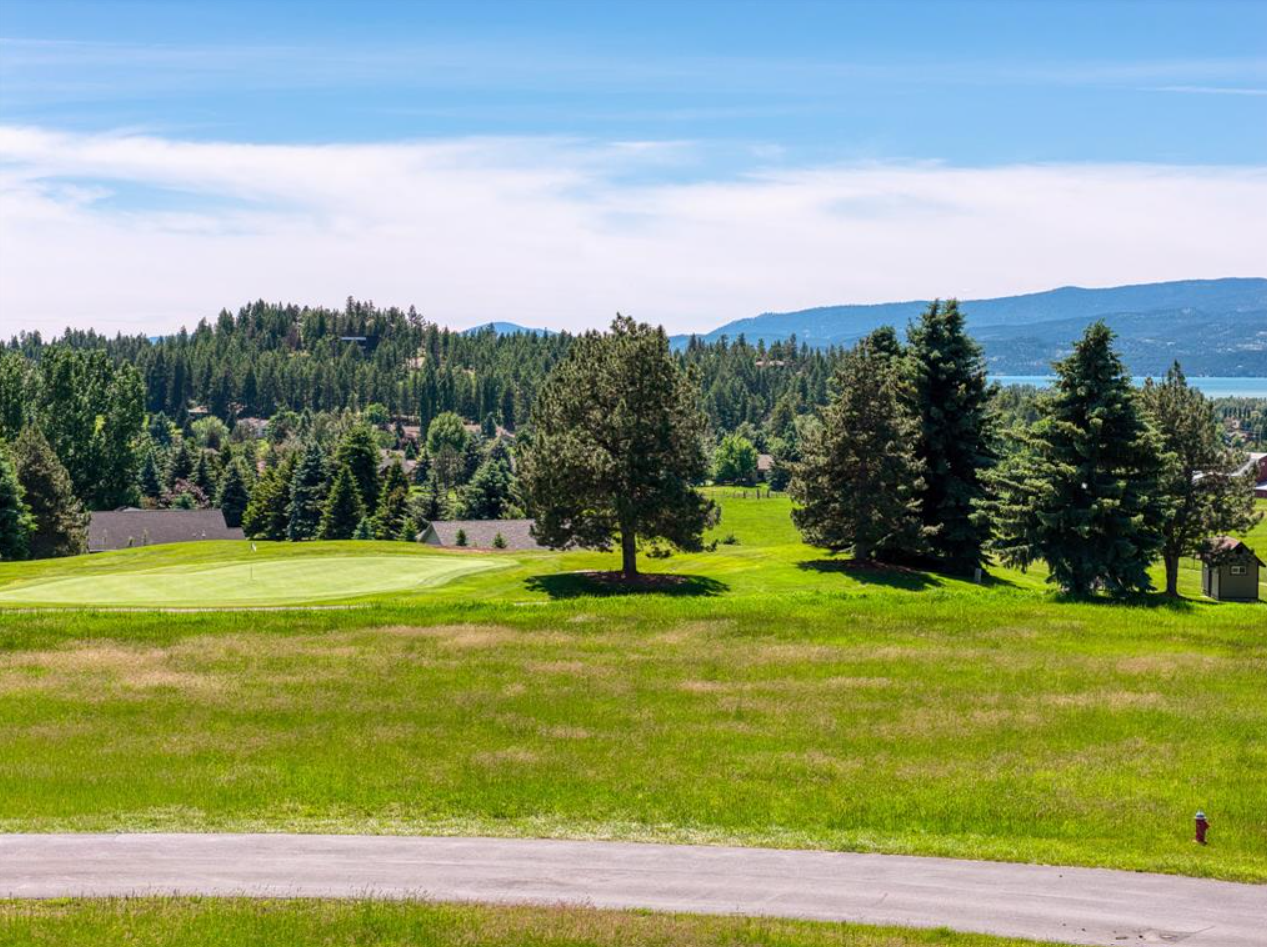 Scenic view of a golf course with green grass, trees, and a distant lake, mountains, and a partly cloudy sky