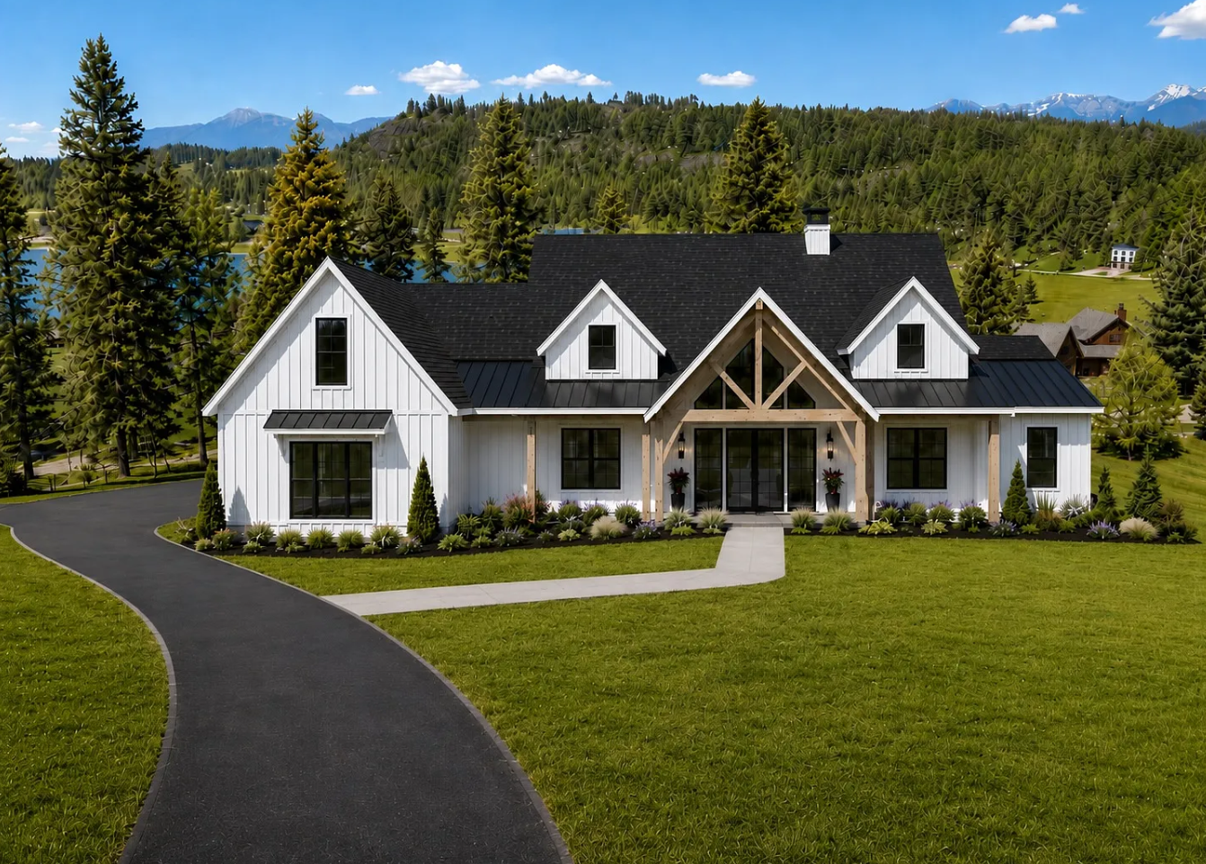 A modern white farmhouse-style house with black roof, large front windows, and a landscaped yard with a curved driveway, set against a backdrop of hills, woods, and mountains.