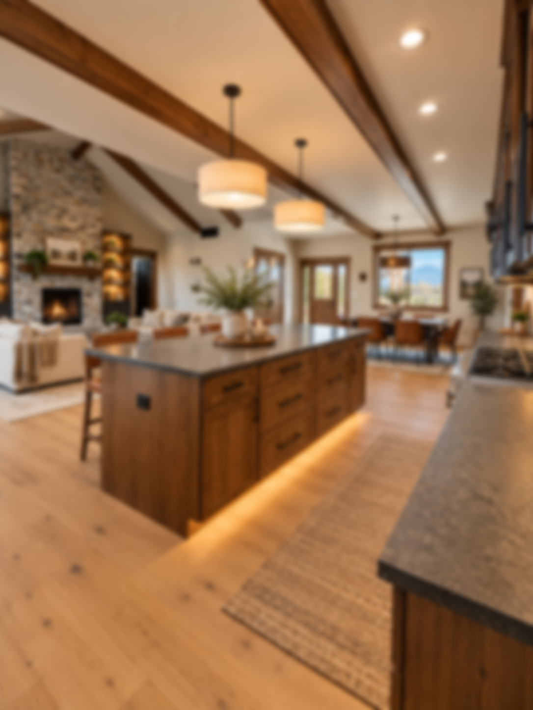 Modern kitchen with wooden cabinets, a large farmhouse sink under a window, gas stove, and floating shelves.