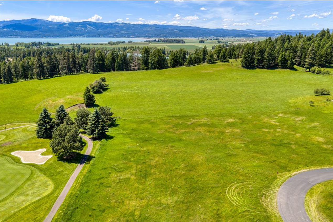Aerial view of a golf course with green fairways, sand trap, and trees, surrounded by a forested area with mountains in the background and a lake or river in the distance.
