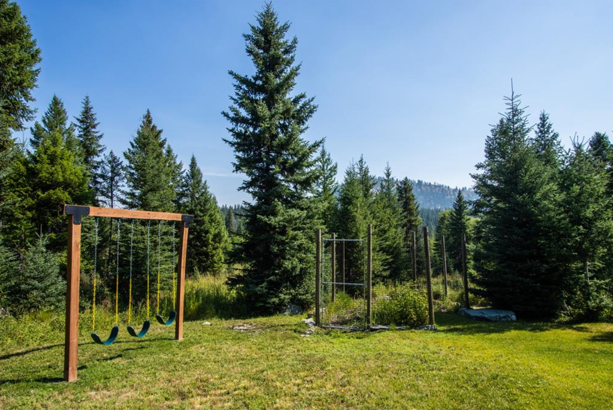 A backyard with a wooden swing set with three swings, green grass, a chain-link fence gate, and tall pine trees under a blue sky.
