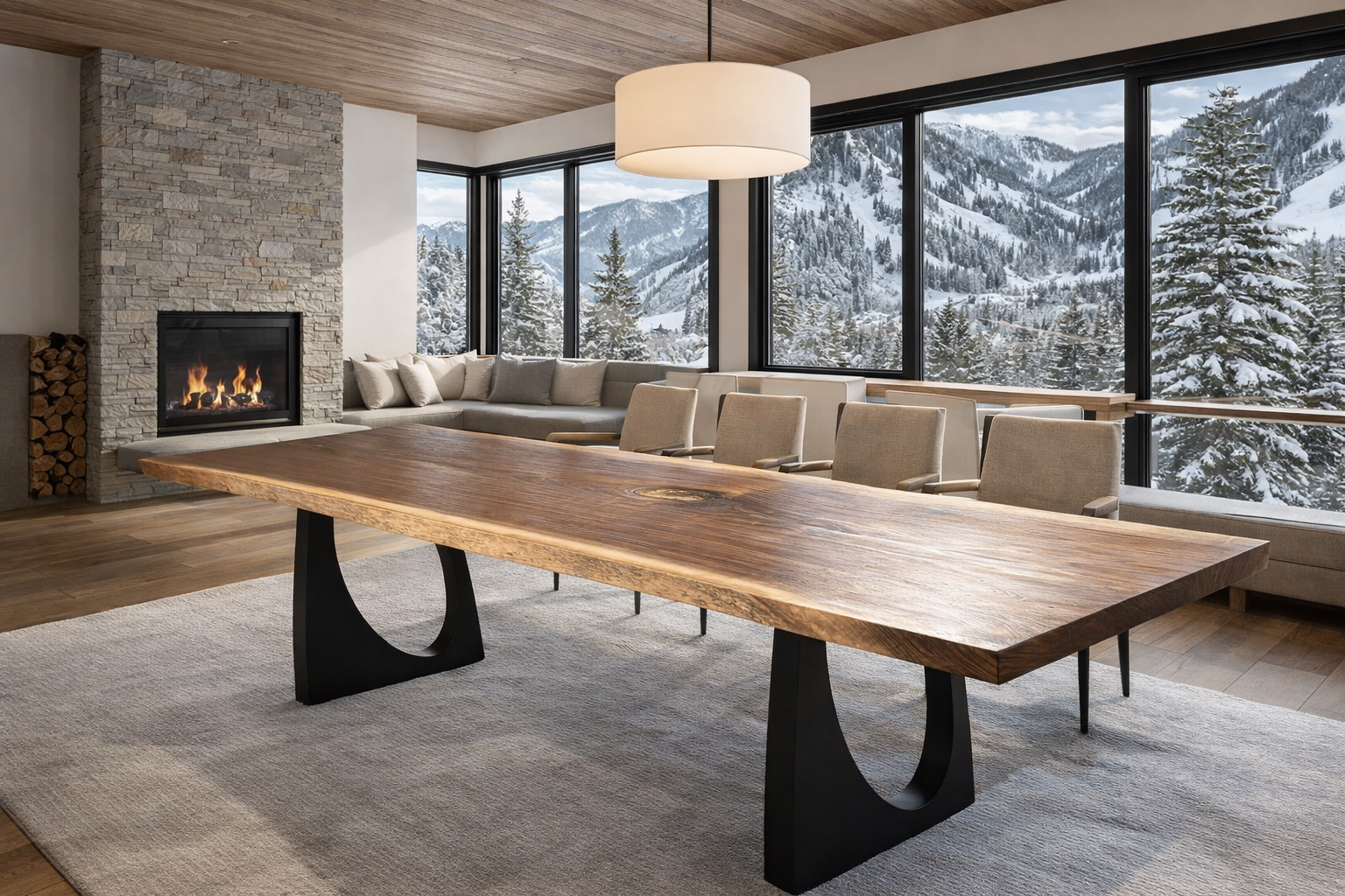 black walnut table in Ski house dining with mountain view.png