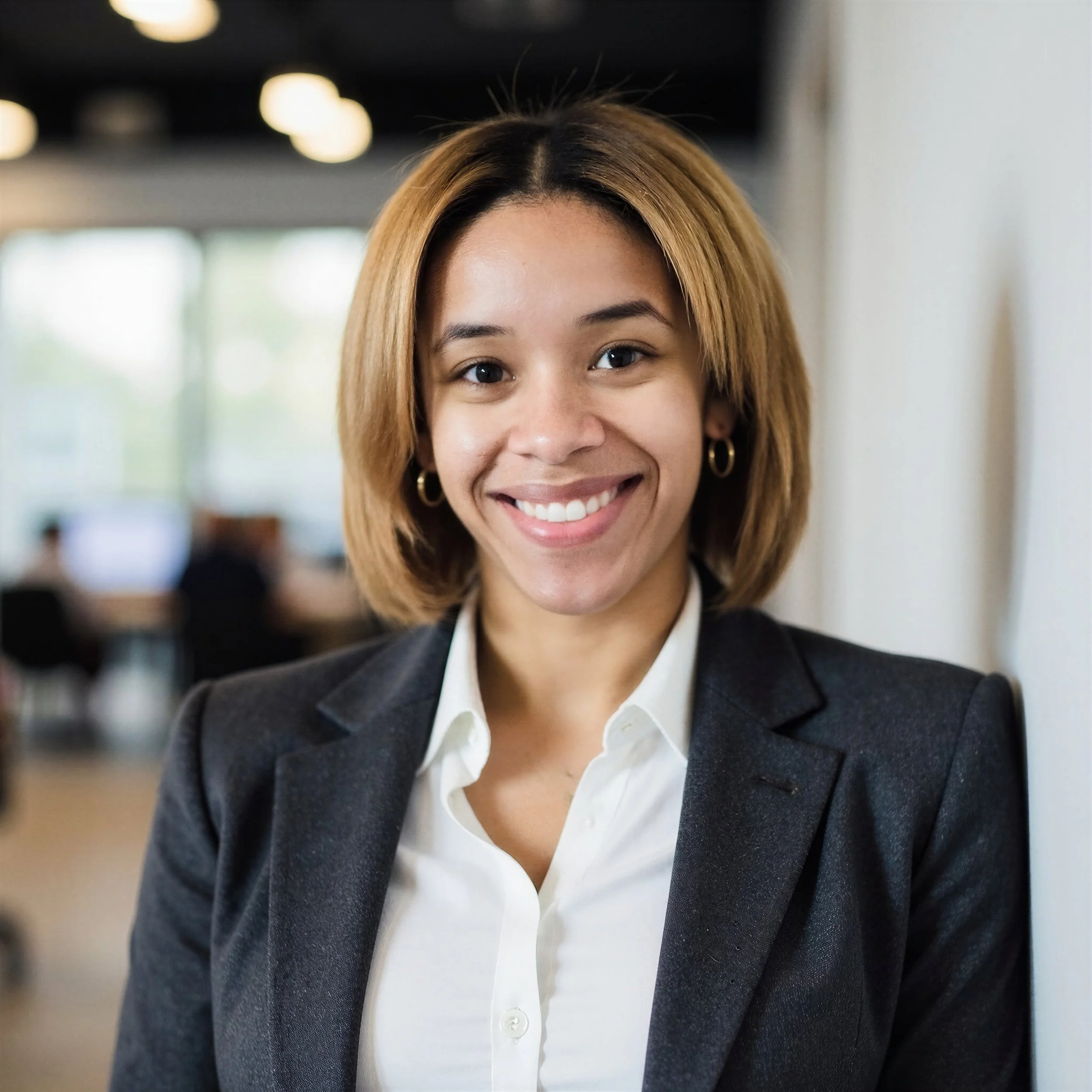 Professional young woman with shoulder-length hair, wearing a dark blazer and white blouse, smiling in an office setting.