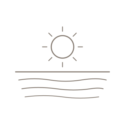 Line drawing of the sun shining over wavy water.