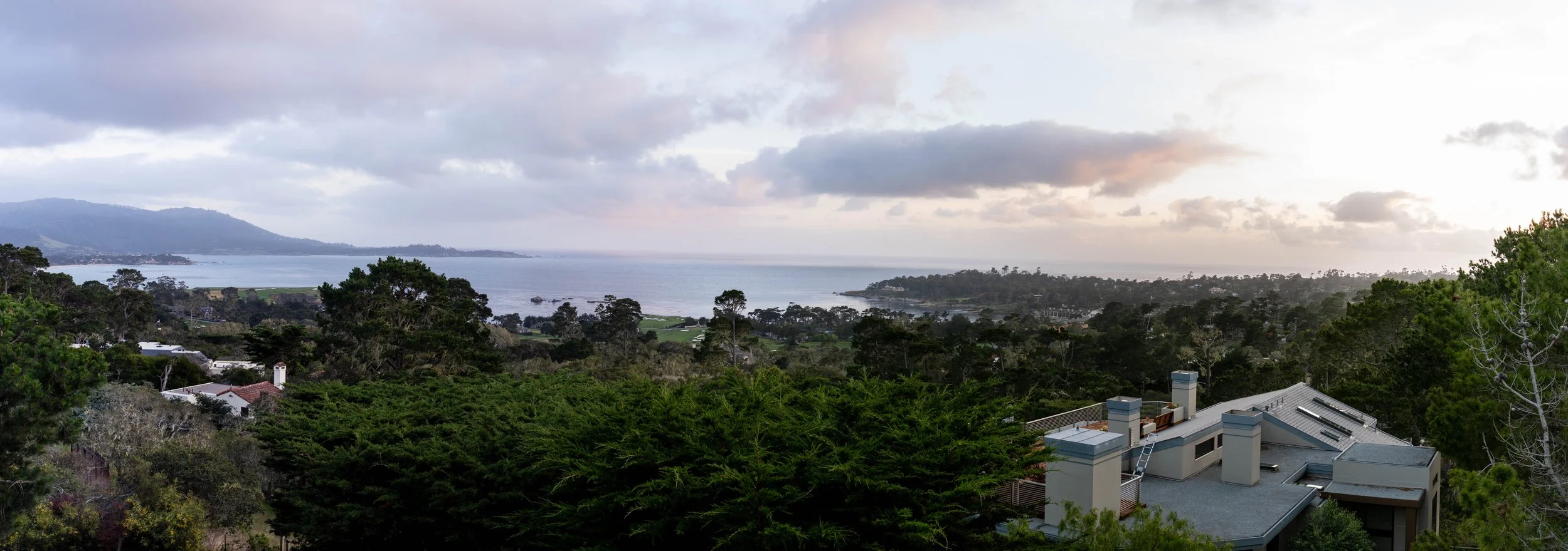 Panoramic views from upper balcony at sunset.