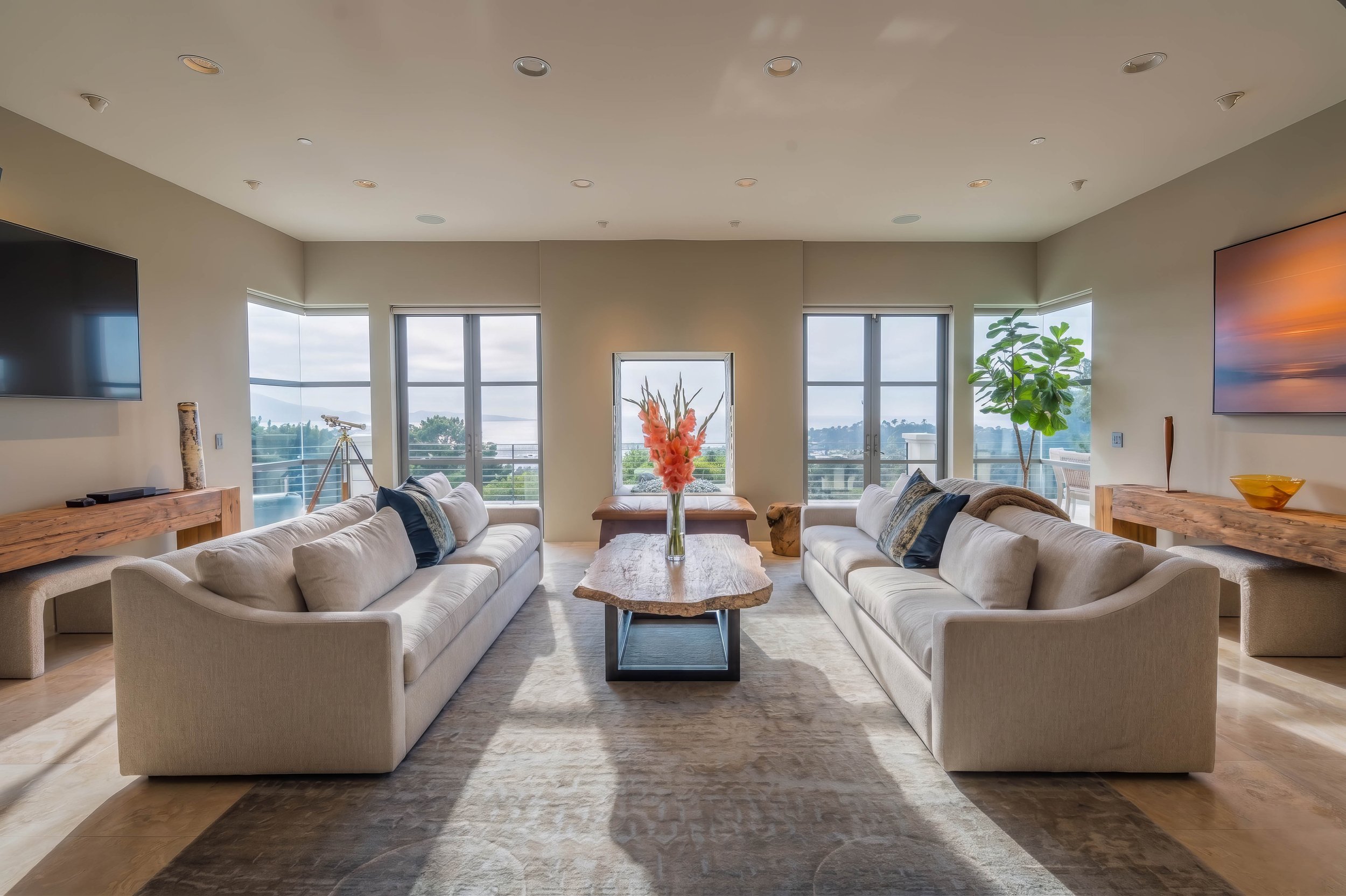 Cozy living room overlooking Pebble Beach Golf Course (Holes 3, 7).

