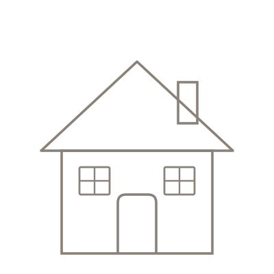 Simple line drawing of a house with two windows, a door, a peaked roof, and a chimney.