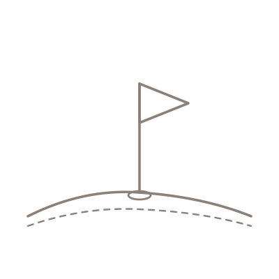 A simple drawing of a golf course, showing a flag on a small hill with a curved dotted line representing the terrain.