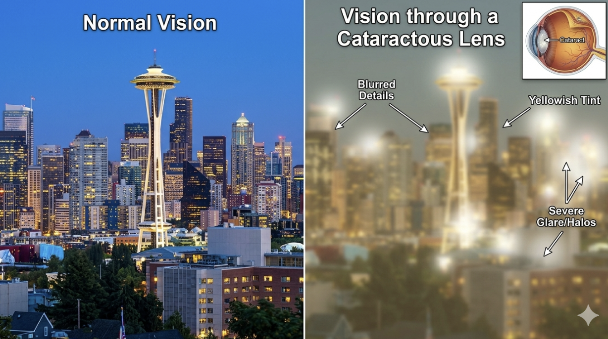 Comparison of a clear daytime view of Seattle skyline on the left with a blurry, distorted night view of the same skyline on the right, illustrating vision through a cataractous lens with labels indicating blurred details, yellowish tint, severe glare or halos, and an inset diagram of a cataract in the eye.