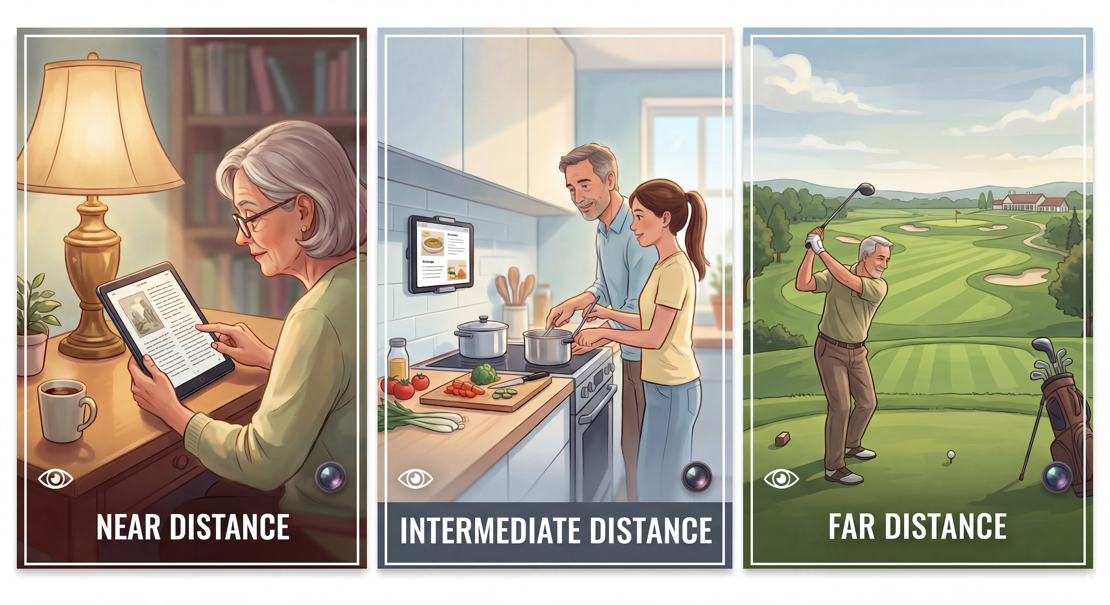 generally, our vision zones can be classified as far, intermediate, and near. this illustration depicts what could be a typical activity in each visual zone.
