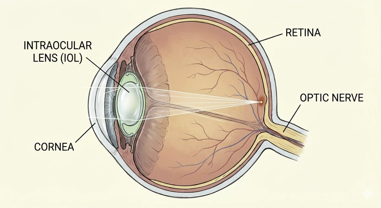 Diagram of the human eye showing the cornea, intraocular lens (IOL), retina, and optic nerve.