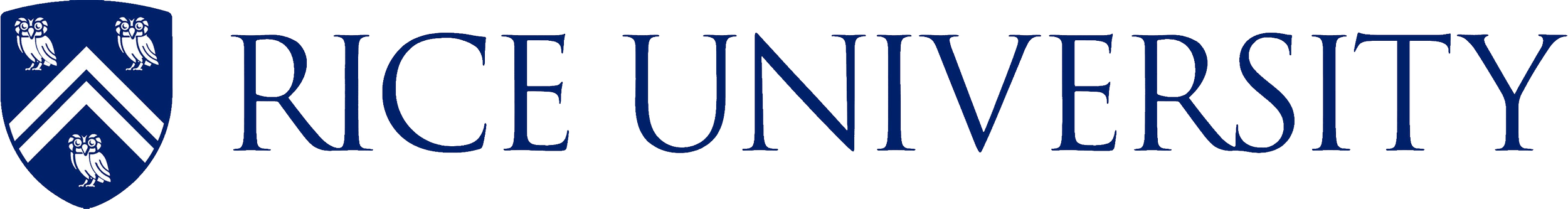 The logo of Rice University featuring a shield with three owl symbols and the text 'Rice University' in blue letters.