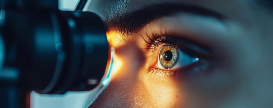 A person looking through a microscope with intense focus.