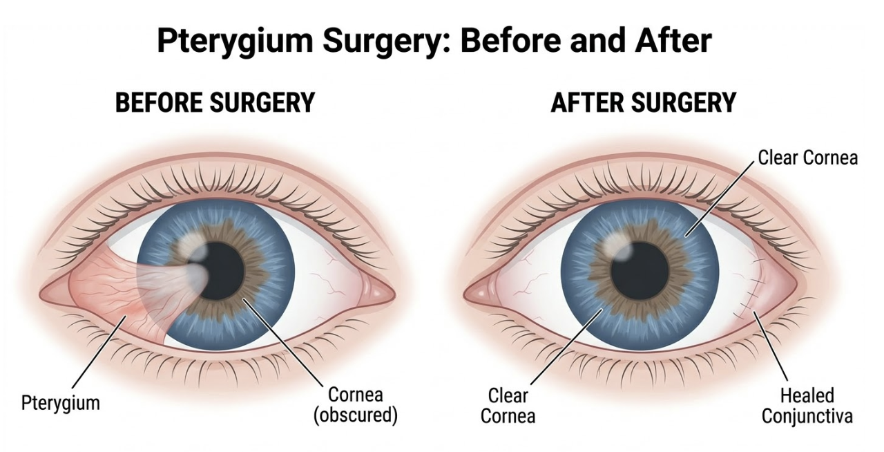 Diagram showing the before and after results of pterygium surgery on an eye. The before image shows an obscured cornea with a pterygium growth, while the after image shows a clear cornea, a healed conjunctiva, and a clear cornea.