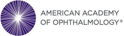 Logo of the American Academy of Ophthalmology featuring a purple circular symbol with radiating lines and the organization's name in gray