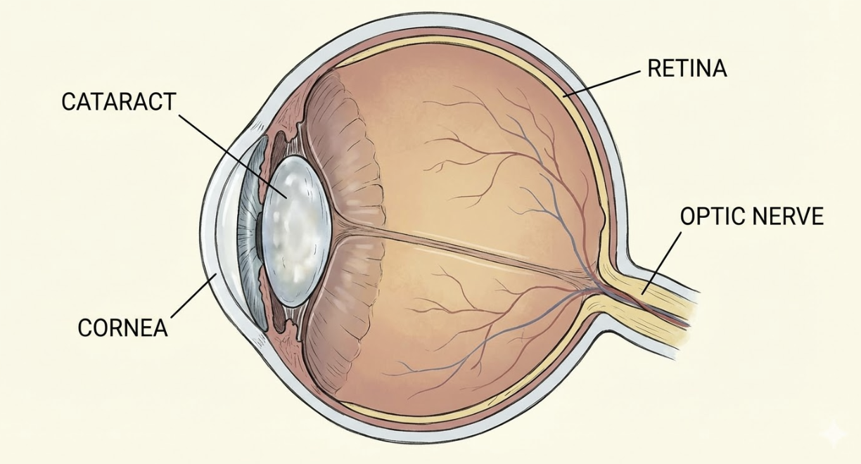 Diagram of the human eye showing the retina, optic nerve, cornea, and cataract.