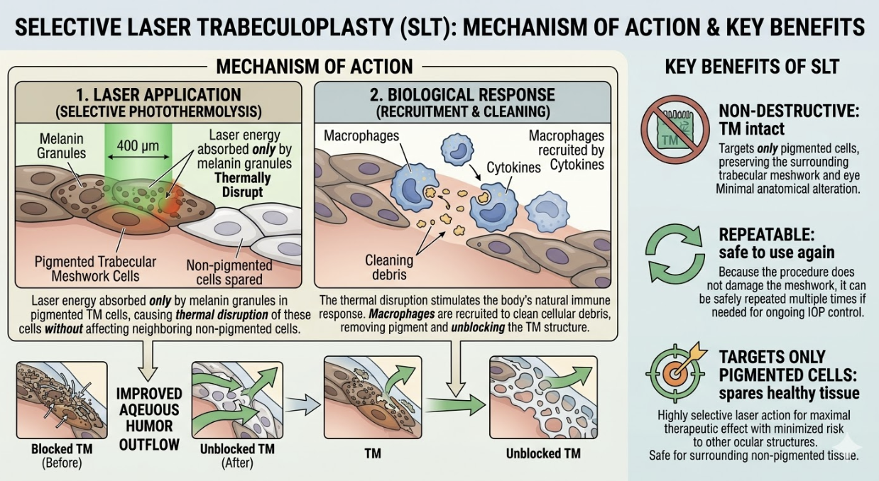 Diagram explaining laser trabeculoplasty (SLT), illustrating the mechanism of action and key benefits. It shows laser application targeting melanin granules in pigmented trabecular meshwork cells, causing thermal disruption, which stimulates a biological response involving macrophages that clean cellular debris, removing pigment and unblocking the trabecular meshwork. The diagram includes before and after images depicting improved aqueous humor outflow, emphasizing the procedure's non-destructive, repeatable nature and its targeted approach to pigmented cells for maximum safety and efficacy.