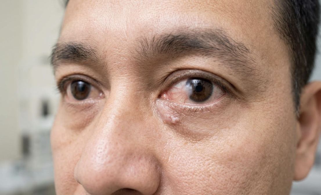Close-up of a man's face with visible eye wrinkles and skin texture.