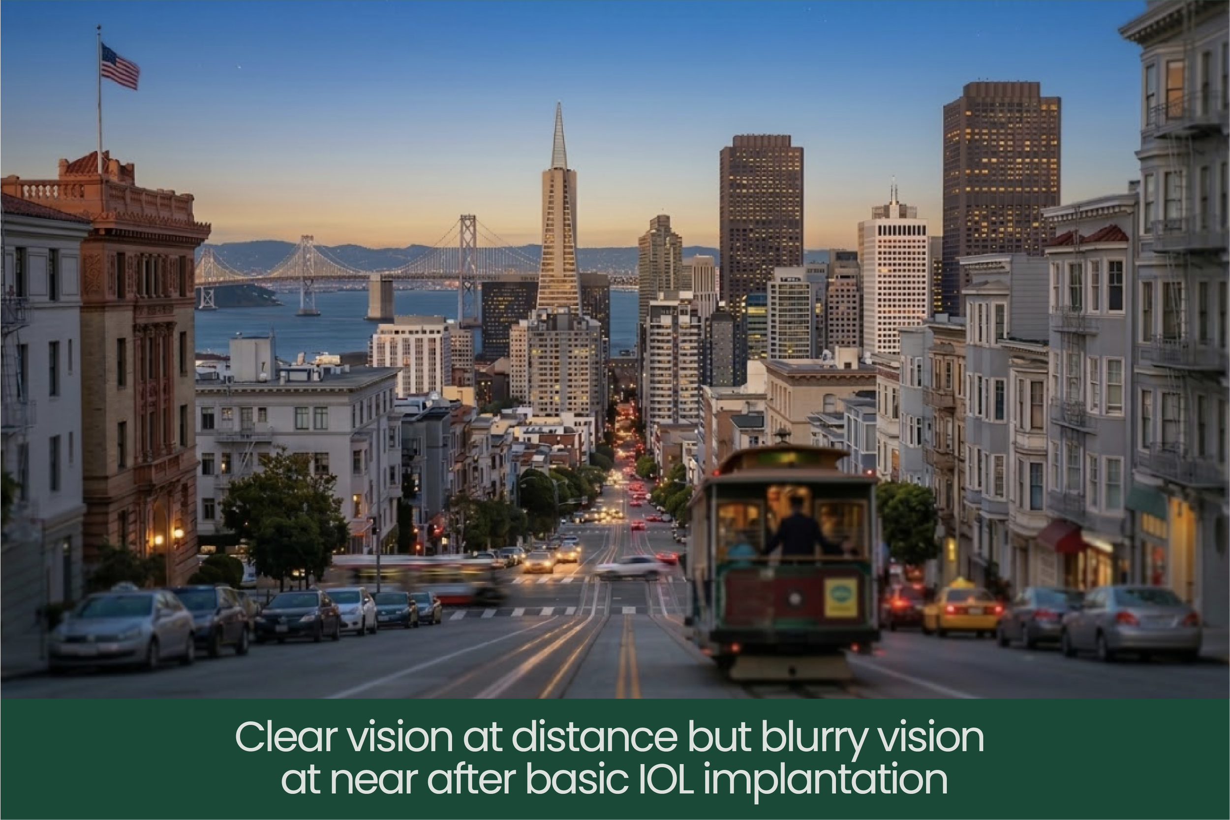 Cityscape of San Francisco at sunset with a cable car in the foreground, tall buildings, and the Golden Gate Bridge in the background.