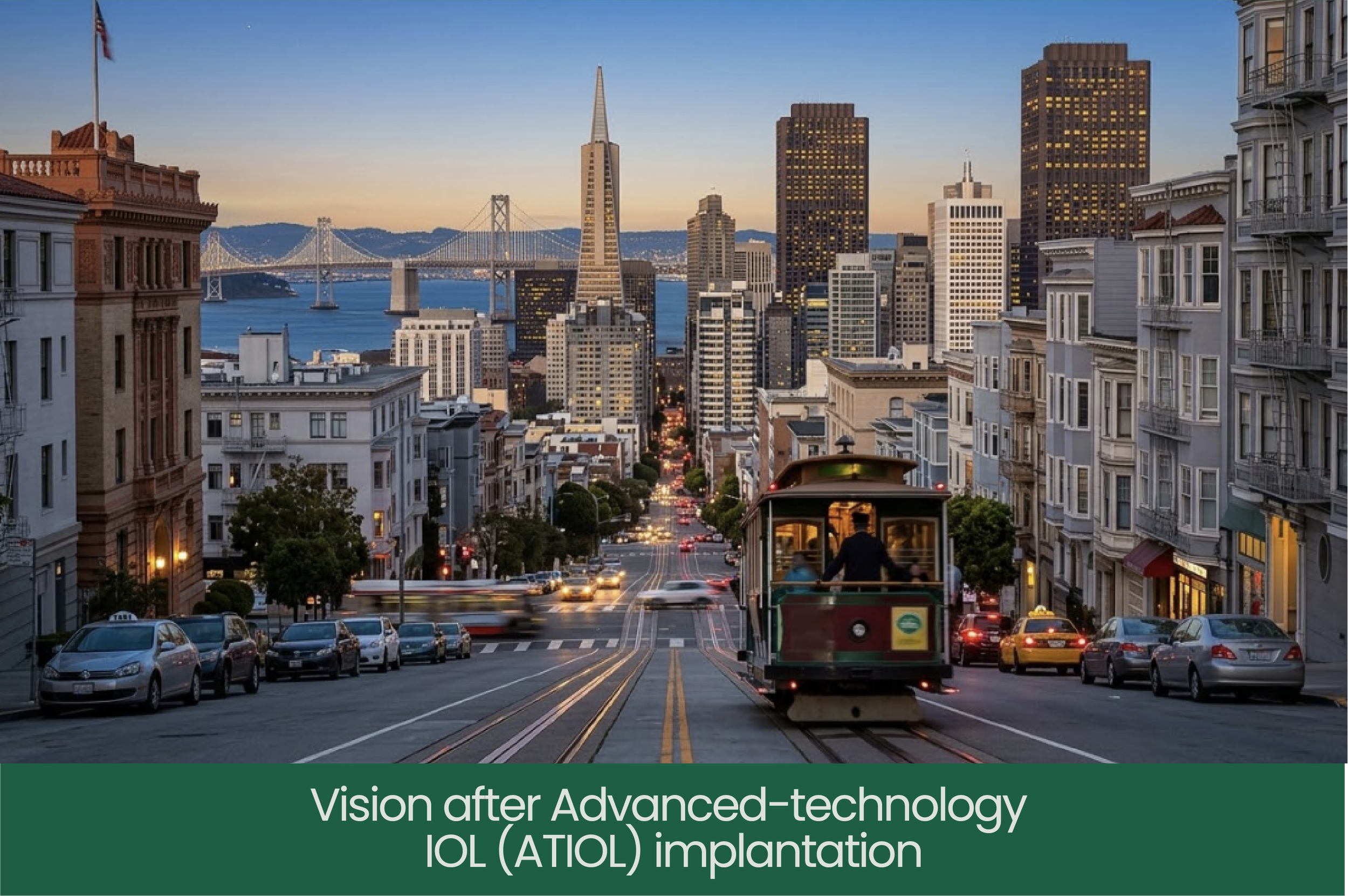 A San Francisco cityscape at sunset with a streetcar in the foreground and the city skyline, including the Bay Bridge and skyscrapers, in the background.