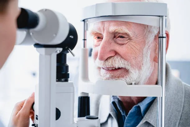 An elderly man having his eyes examined with a slit lamp at an eye care clinic.