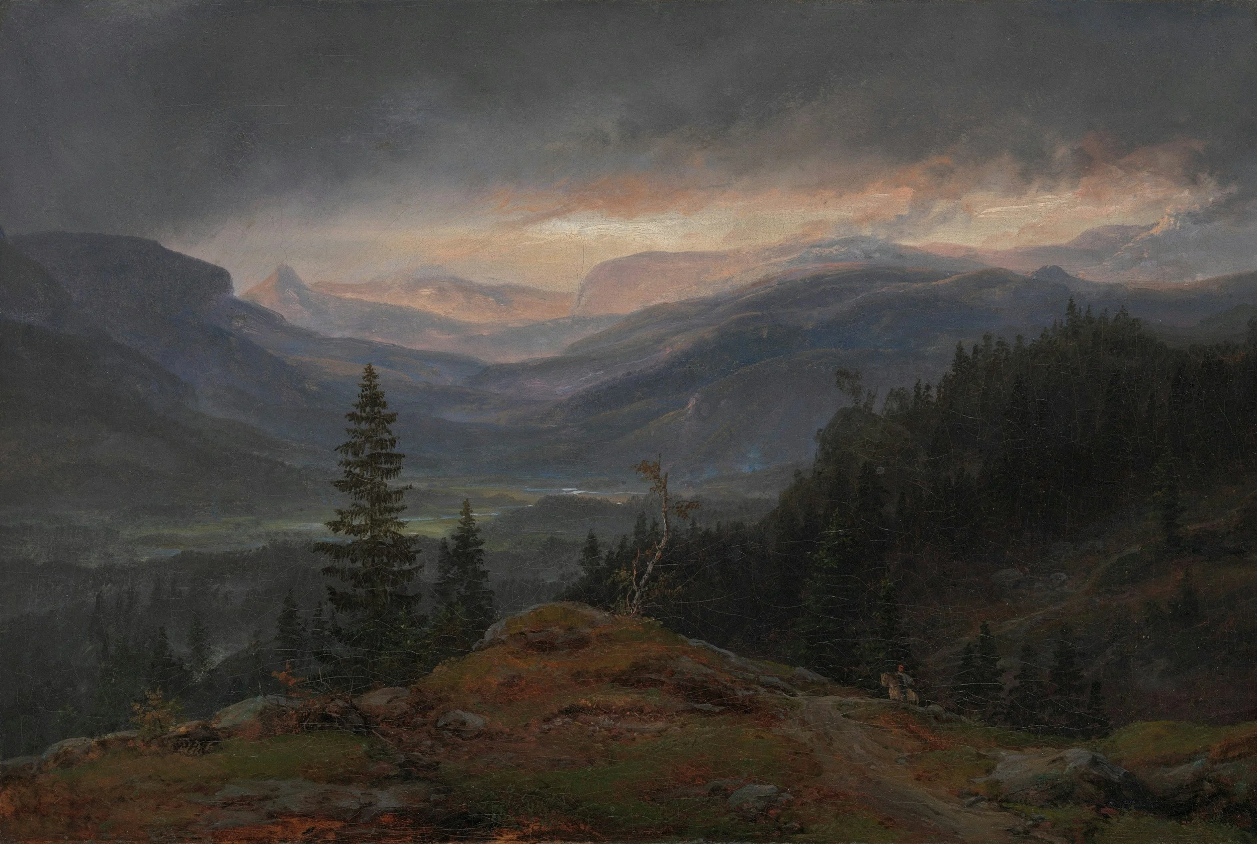 A landscape painting of a mountainous region during dusk, with dark clouds covering the sky, distant mountain peaks, and tall pine trees in the foreground.